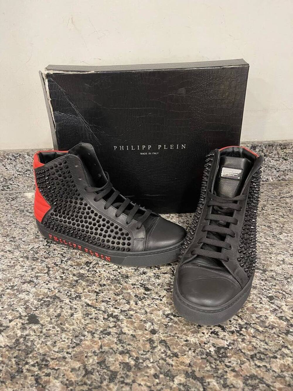 Philipp Plein Hi-Top "Loris" Leather Spiked Sneakers Size 44 SPBJKI 340123